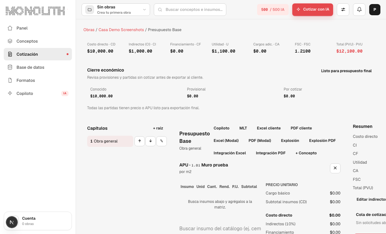 Receta APU completa para el presupuesto del cliente